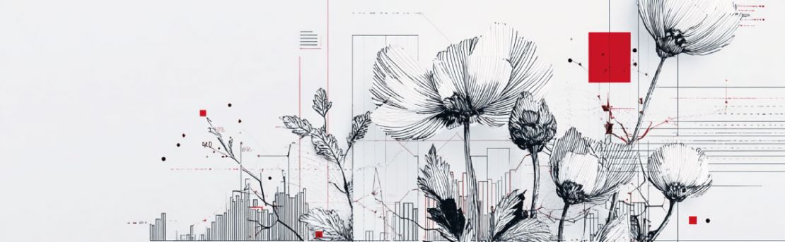 Fondo blanco con ilustración de flores creciendo medio de gráficos de columnas.