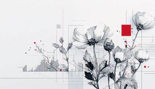 Fondo blanco con ilustración de flores creciendo medio de gráficos de columnas.