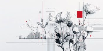 Fondo blanco con ilustración de flores creciendo medio de gráficos de columnas.
