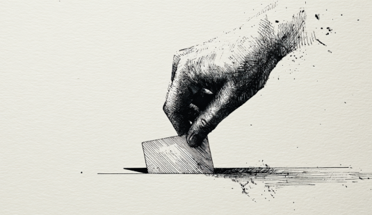 Dibujo estilo croquis de una mano insertando un voto en una urna