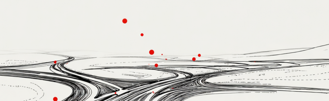 Camino simbolizando toma de decisiones. Fondo blanco con acentos rojos.