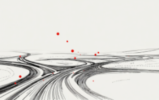 Camino simbolizando toma de decisiones. Fondo blanco con acentos rojos.