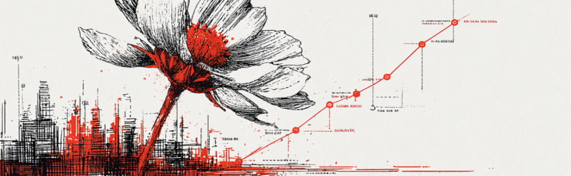 Líneas negras dibujan una flor que emana de una ciudad y de la que, a la vez, sale un gráfico